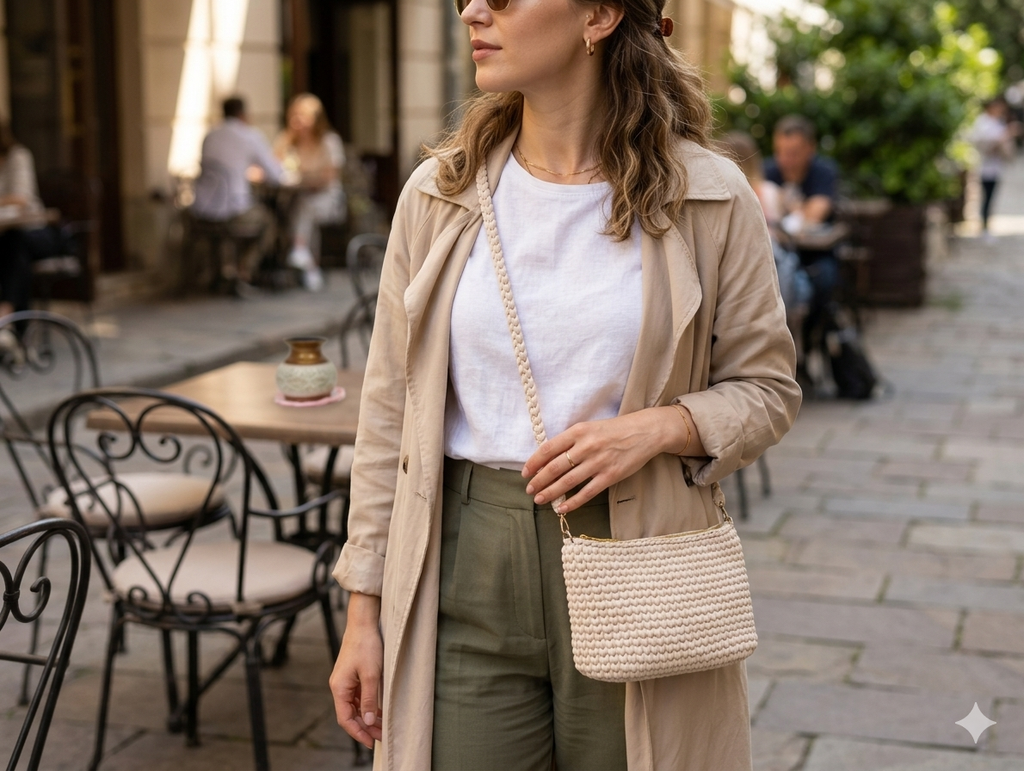 Beige Crochet Shoulder Bag with Woven straps
