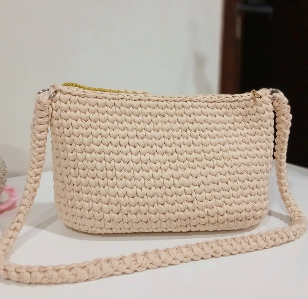 Beige Crochet Shoulder Bag with Woven straps
