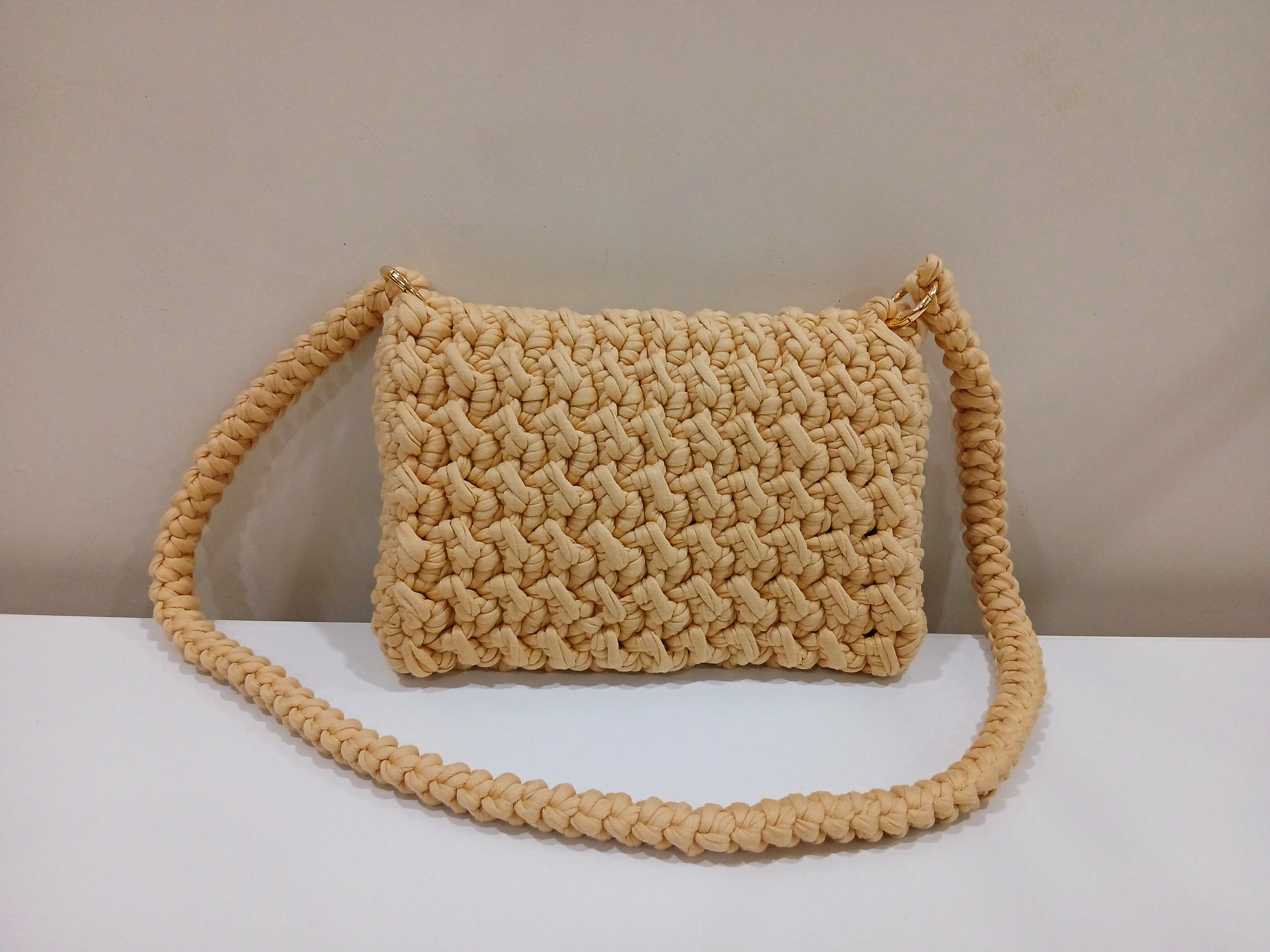 Beige Tshirt Yarn Crossbody Bag