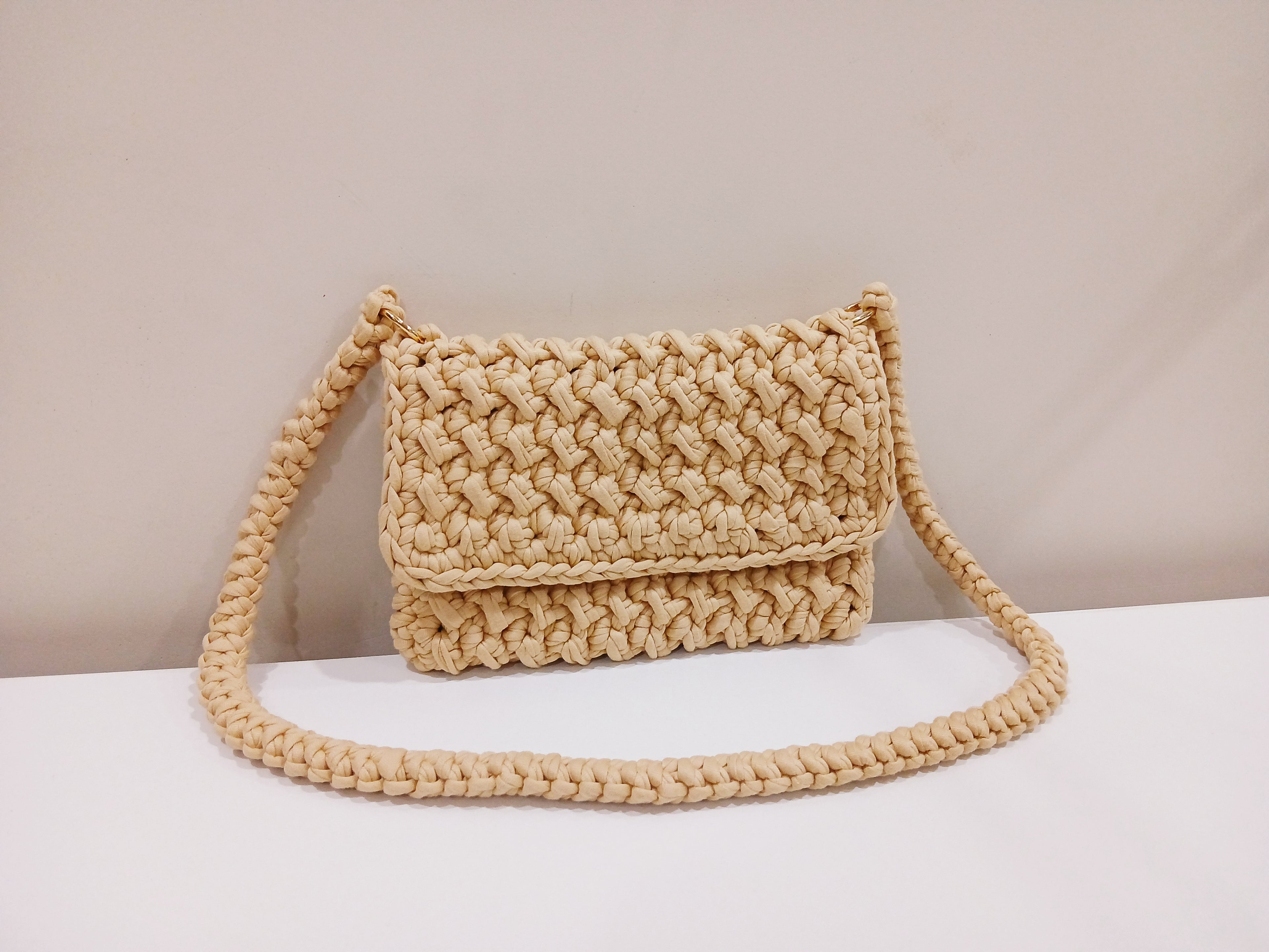 Beige Tshirt Yarn Crossbody Bag