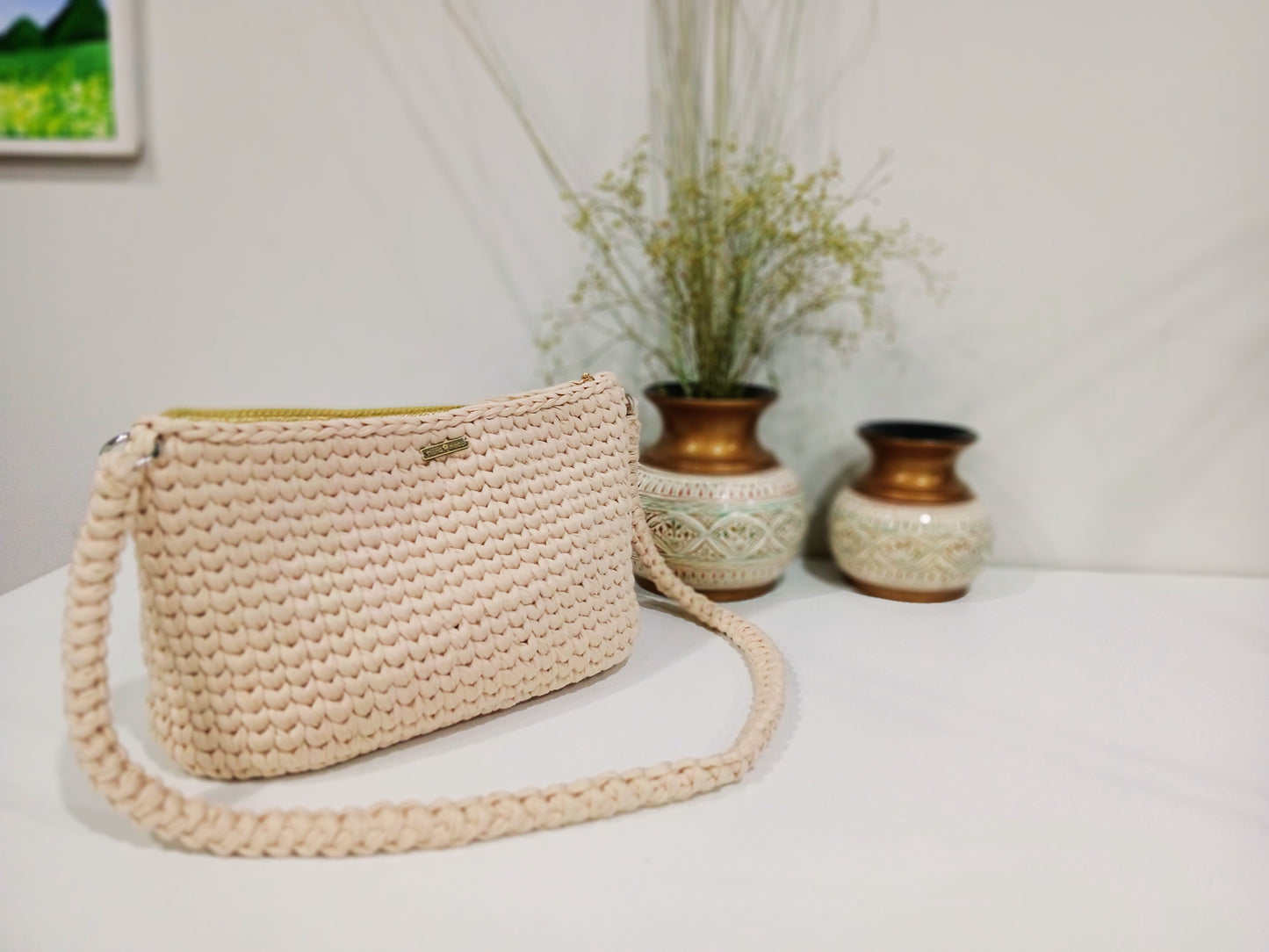 Beige Crochet Shoulder Bag with Woven straps