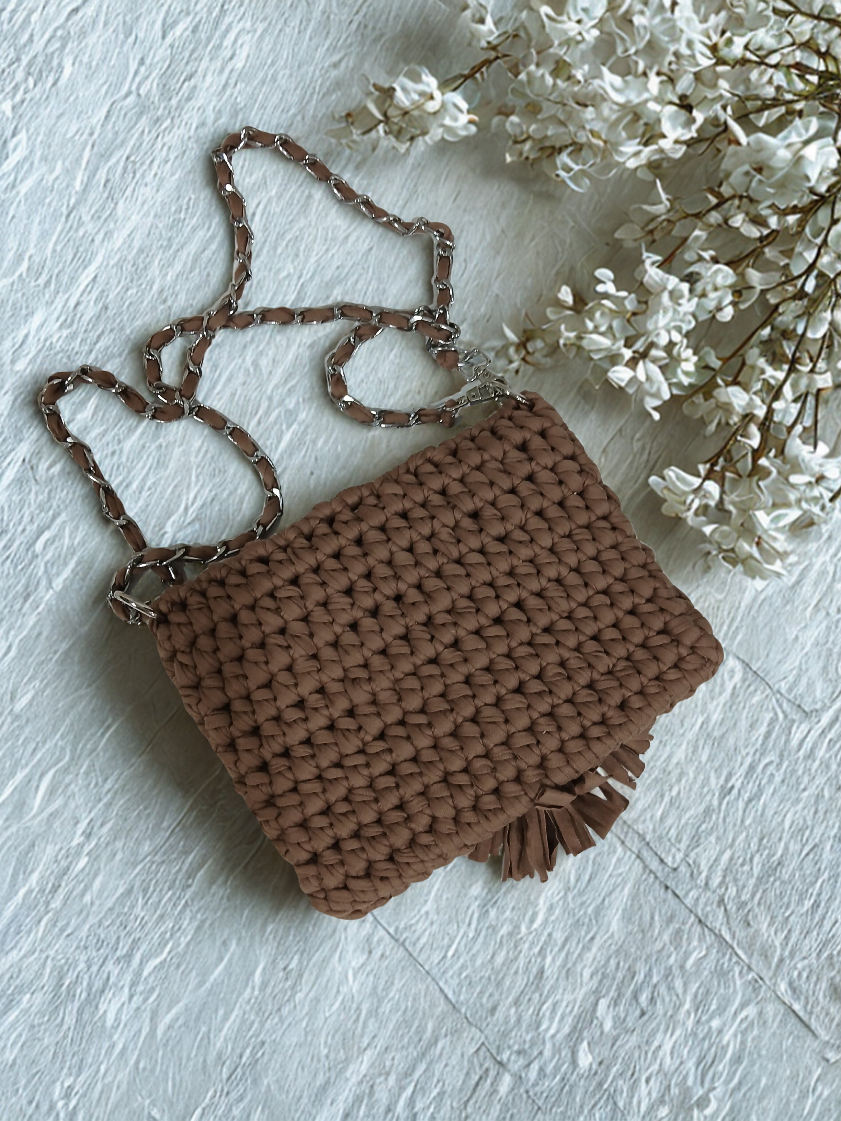 Brown Tshirt Yarn Crochet Clutch