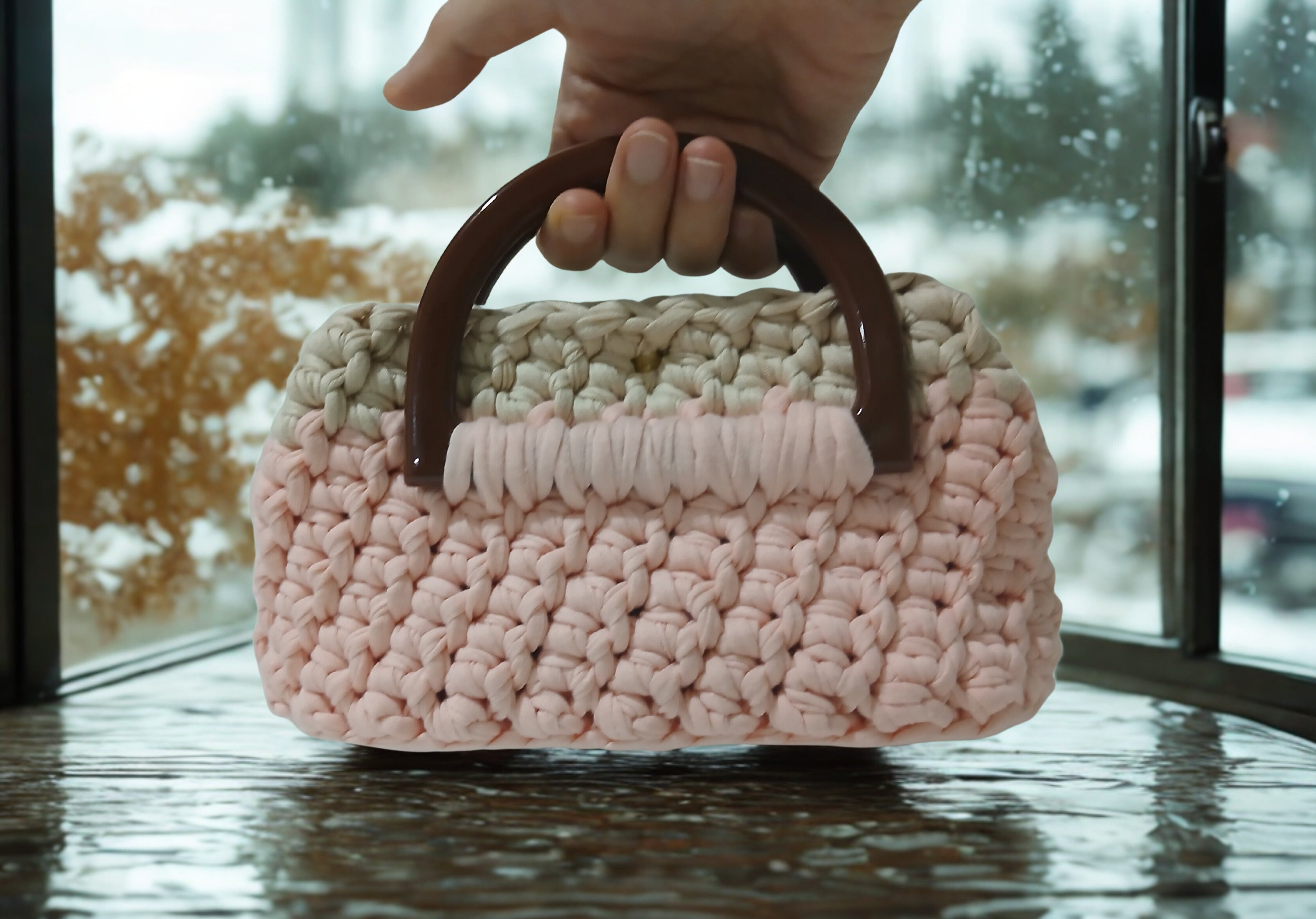 Pink Mini Bag with Wooden Handles