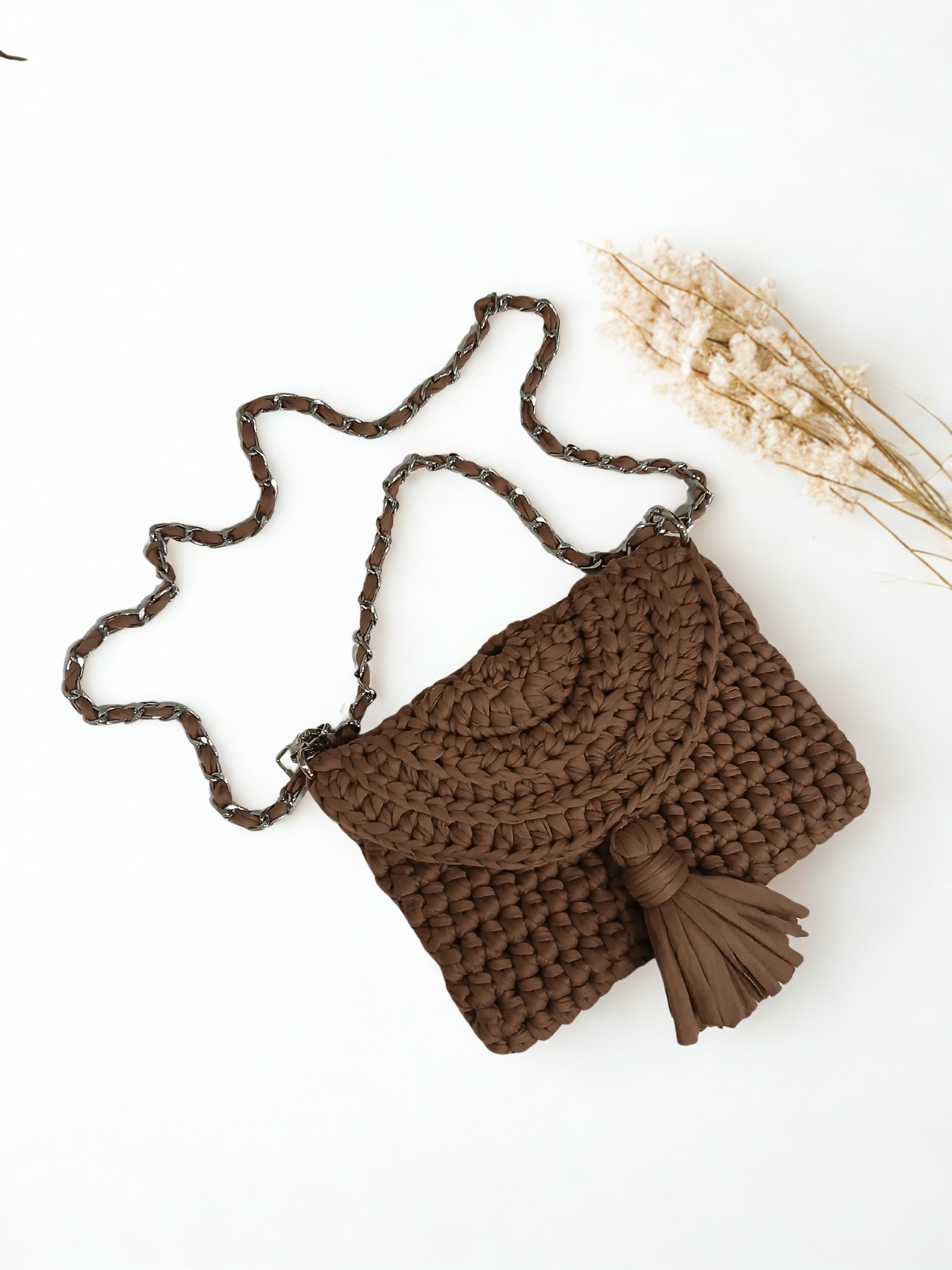 Brown Tshirt Yarn Crochet Clutch