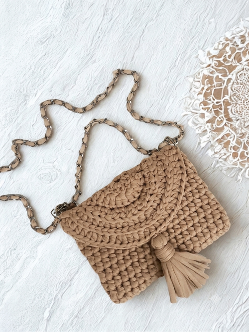 Brown Tshirt Yarn Crochet Clutch