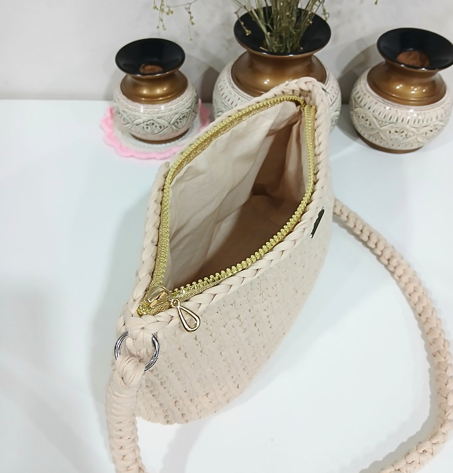Beige Crochet Shoulder Bag with Woven straps