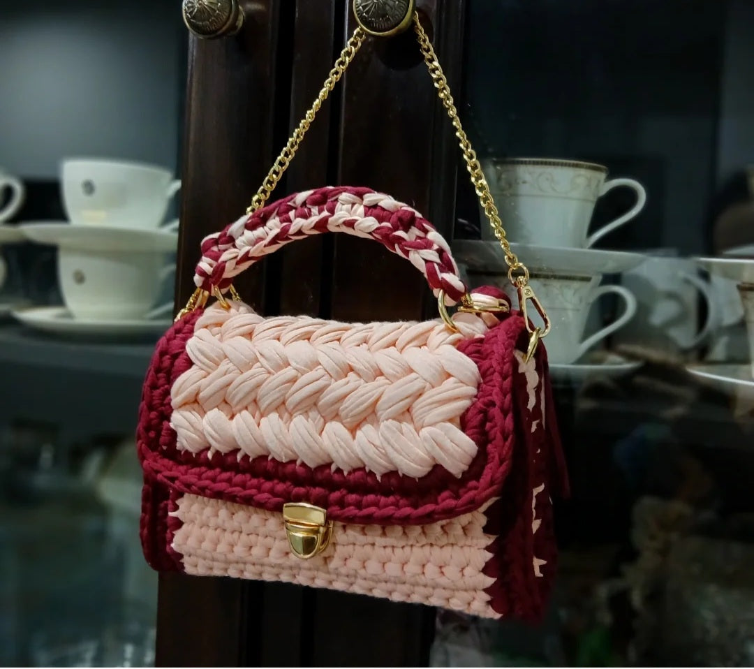 Pink & Maroon Metal Clasp Crochet Clutch