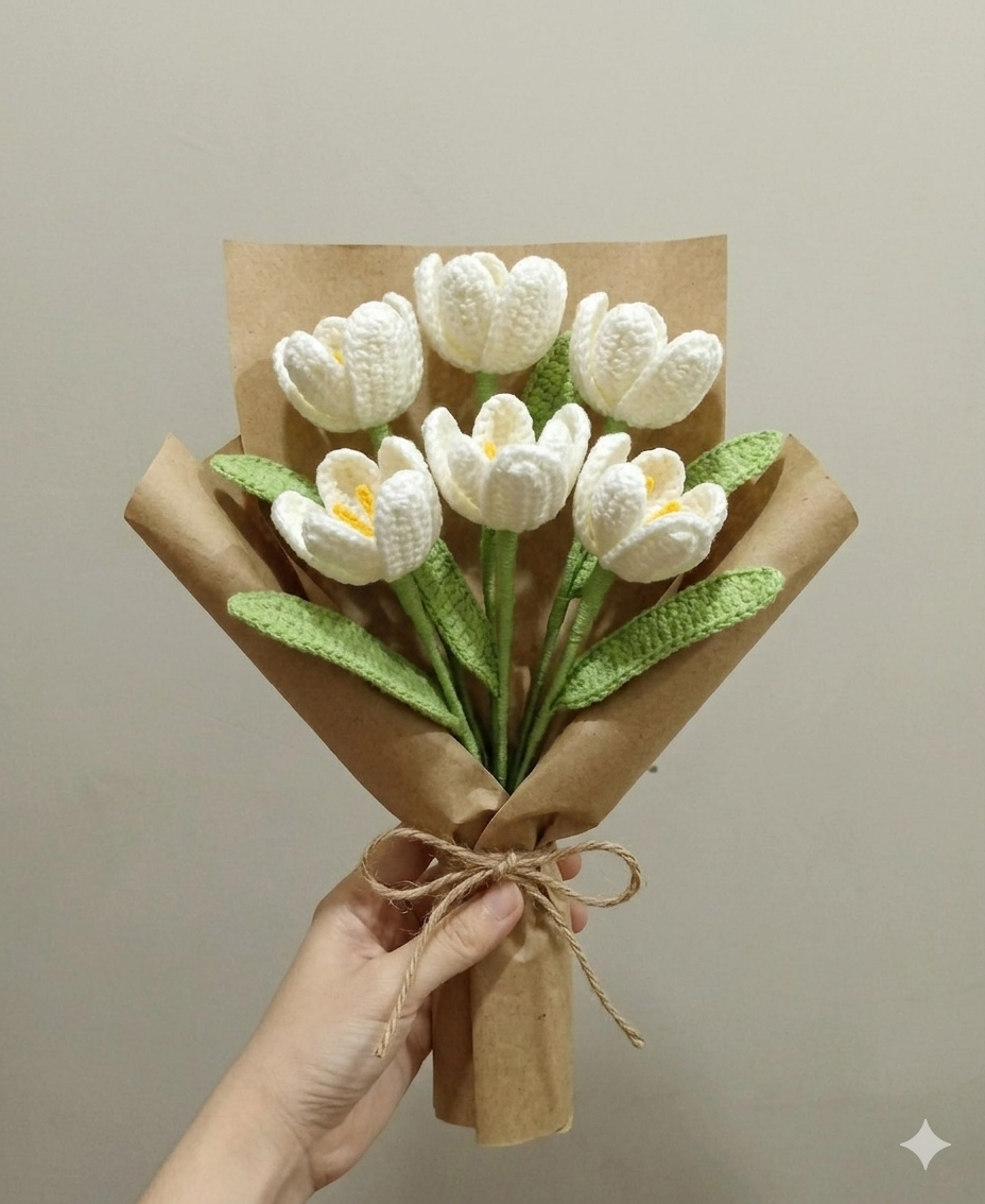 Handmade Crochet White Tulip Bouquet