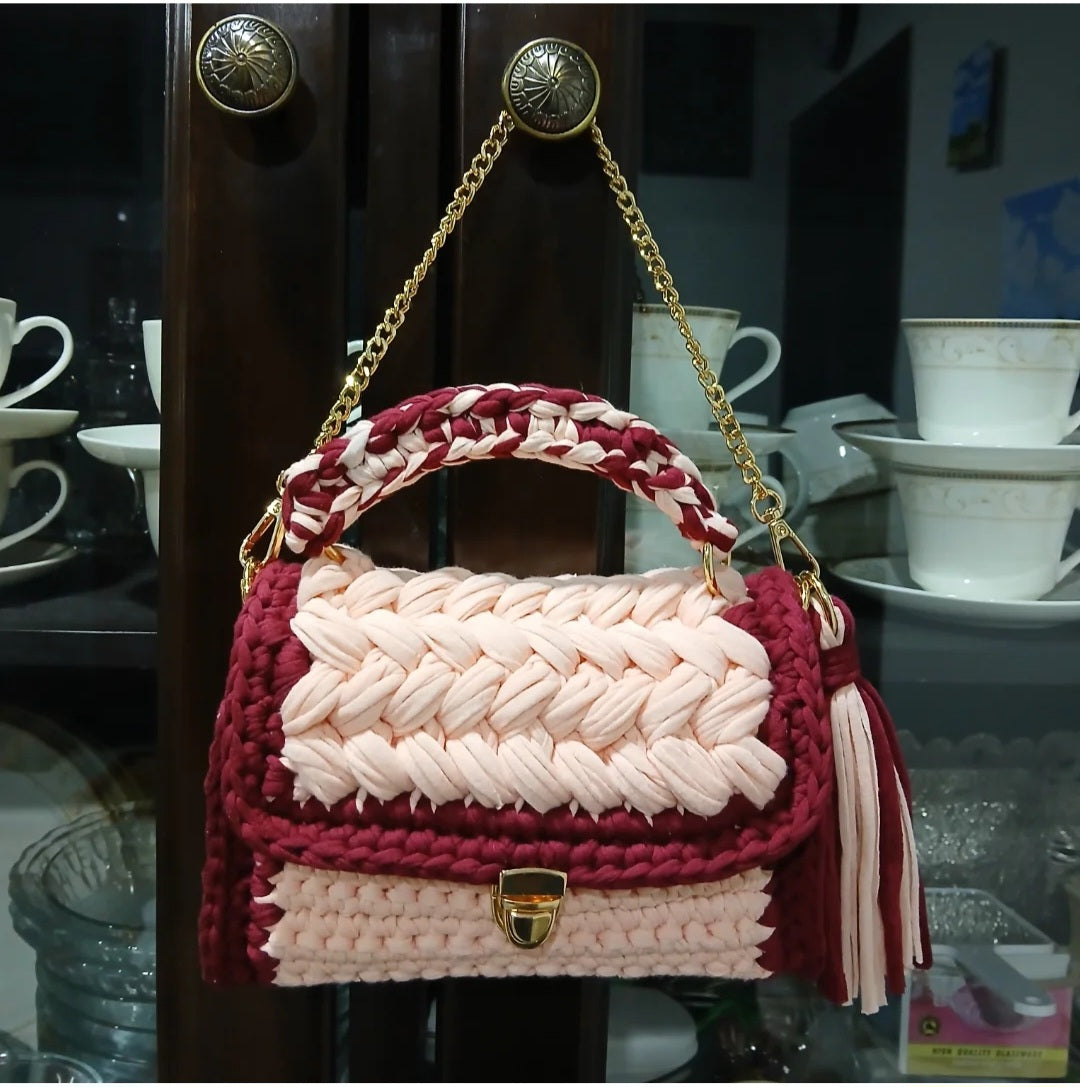Pink & Maroon Metal Clasp Crochet Clutch